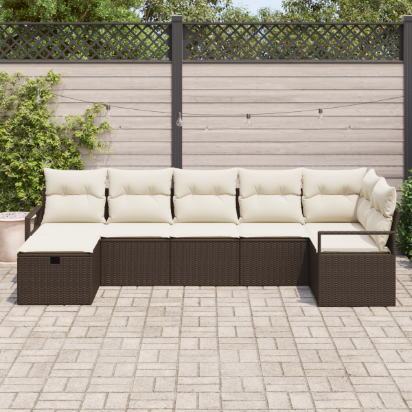 Conjunto de Sofá de Jardim  de 7 Peças com Almofadas Castanhas Rattan Plástico M 3