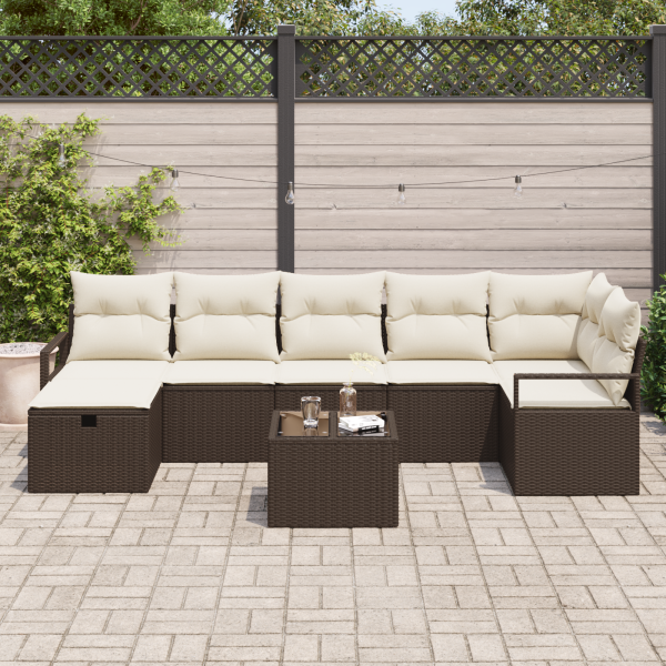Conjunto de Sofás para Jardim com 8 Peças e Almofadas Marrom de Rattan Poliéster M 3