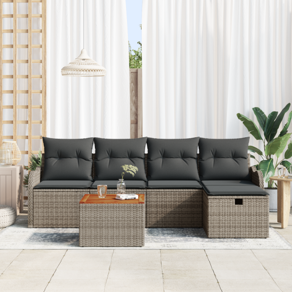 Conjunto de Sofá de Jardim de 6 Peças com Almofadas Cinza de Rattan Polietileno M 3
