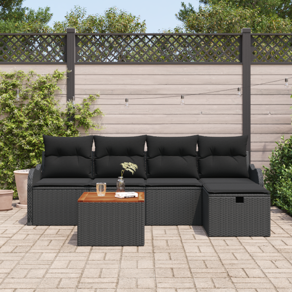 Conjunto de Sofá de Jardim com 6 Peças e Almofadas em Rattan Preto M 3