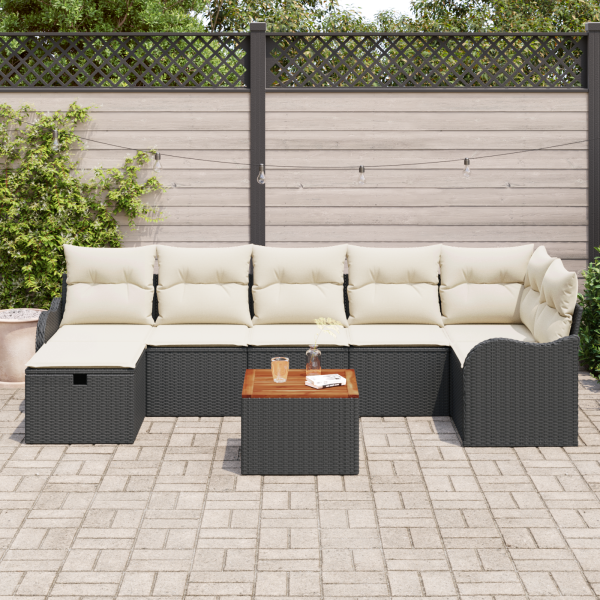Conjunto de Sofá de Jardim  8 Peças com Almofadas Preto Rattan Poliéster M 3