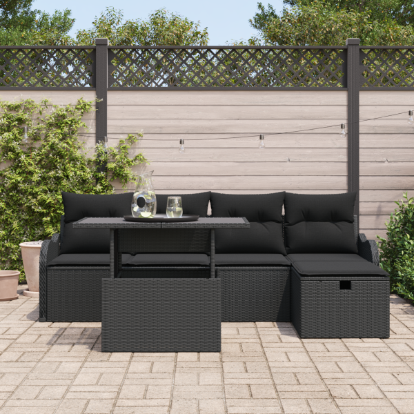Conjunto de Sofá de Jardim de 6 Peças com Almofadas Preto Rattan Poliéster M 3