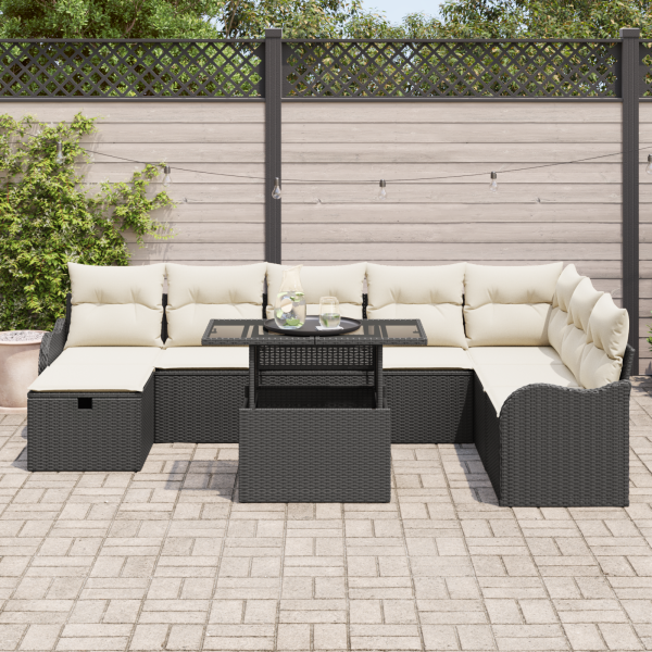 Conjunto de Sofá de Jardim  9 Peças com Almofadas Preto Vime Poliwoven M 3