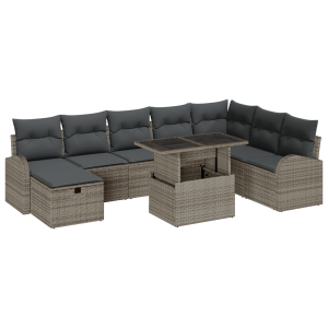 Conjunto de Sofá de Jardim de 9 Peças com Almofadas Cinzento Rattan PE H
