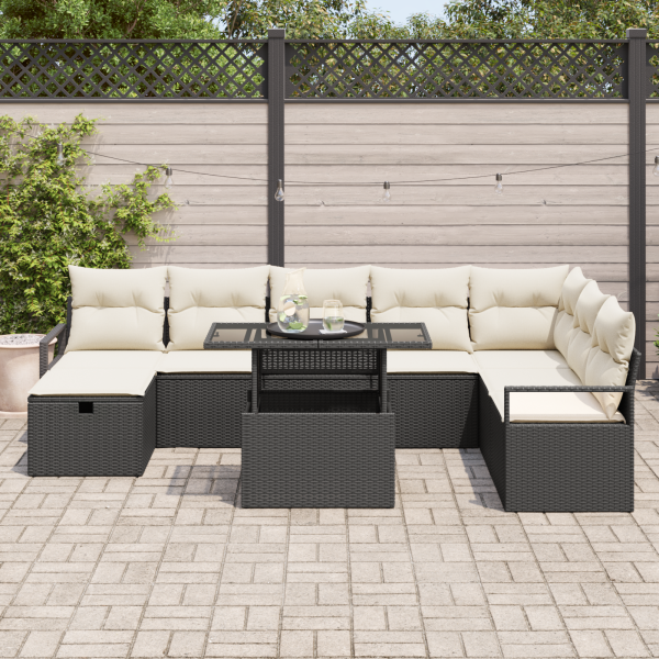 Conjunto de Sofá de Jardim  de 9 Peças com Almofadas Preto Rattan Poliéster M 3
