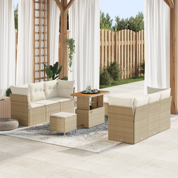 Juego de Sofá de Jardín Modular de 9 Piezas con Cojines Beige Poliratán Acacia D