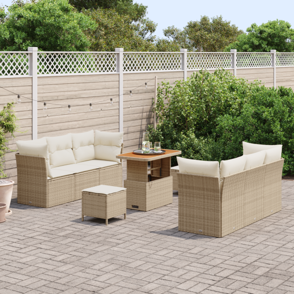 Juego de Sofá de Jardín Modular de 9 Piezas con Cojines Beige Poliratán Acacia M 3
