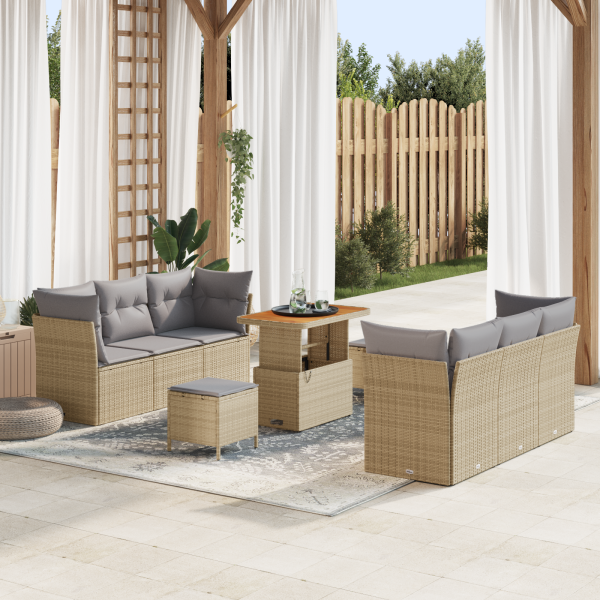 Conjunto de Sofá de Jardín Modular de 9 Piezas con Cojines Poliratán Beige Acacia D