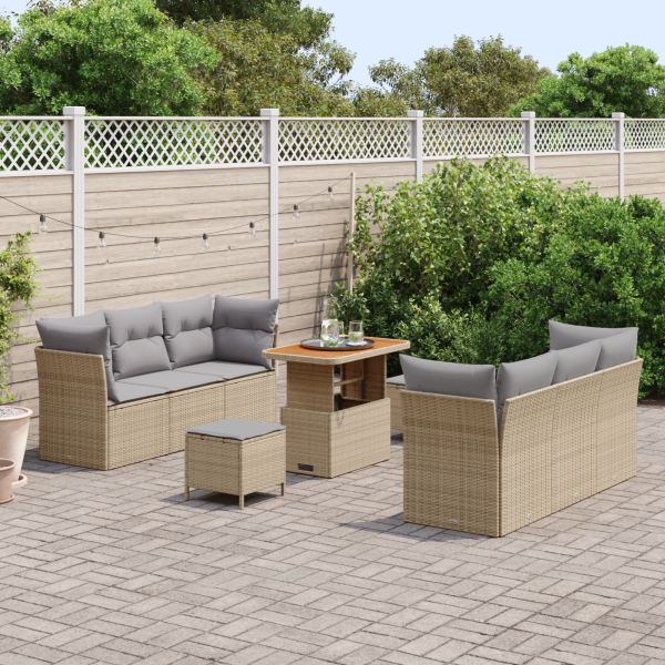 Conjunto de Sofá de Jardim 9 Peças com Almofadas Bege em Rattan Sintético e Acácia M 3