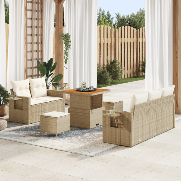 Conjunto de Sofás de Jardín de 8 Piezas con Cojines Beige Poliratán Acacia D