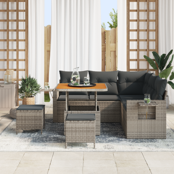 Conjunto de Sofá de Jardim em 8 peças com almofadas cinza de polyrattan e acácia M 3