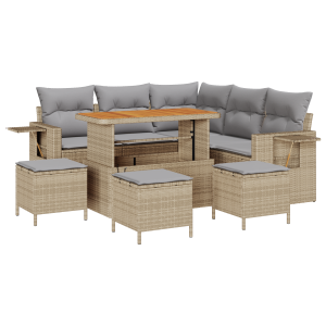 Conjunto de Sofá de Jardim 9 Peças com Almofadas Beige em Rattan Sintético e Acácia H
