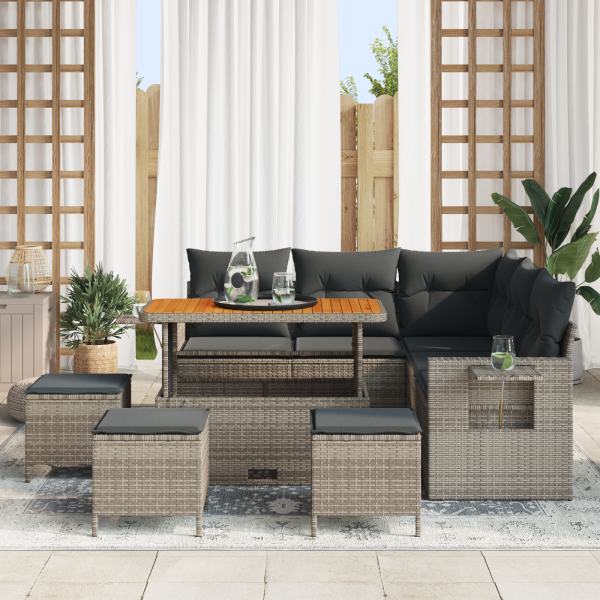 Conjunto de Sofá de Jardim 9 Peças com Almofadas Cinza Rattan de Polipropileno e Acácia M 3