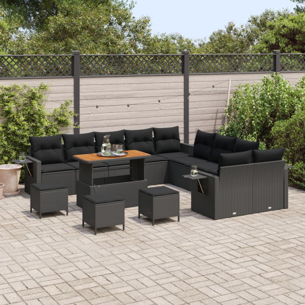 Conjunto de Sofá de Jardim de 14 Peças com Almofadas de Rattan Sintético Preto e Acácia. M 3