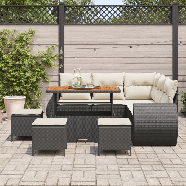 Conjunto de Sofá de Jardim 9 Peças com Almofadas em Rattan Sintético Preto e Acácia M 3