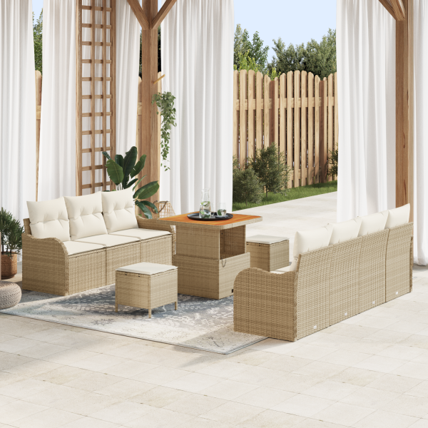 conjunto de sofá de jardín de 10 piezas con cojines beige poliratán acacia D