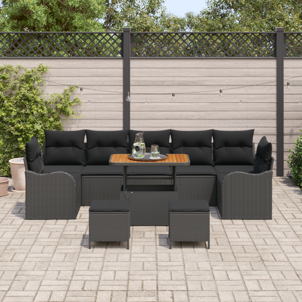Conjunto de Sofá de Jardim de 10 Peças com Almofadas de Rattan Preto e Acácia M 3