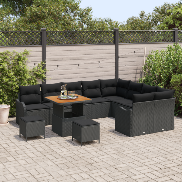 Conjunto de Sofá de Jardim de 12 Peças com Almofadas de Rattan e Poliéster Preto. M 3
