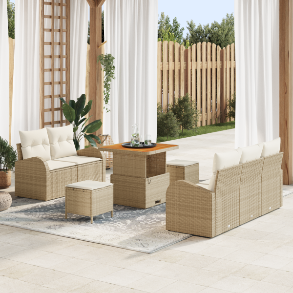 Conjunto de Sofá de Jardín de 8 Piezas con Cojines Beige Polirratán Acacia D