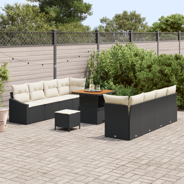 Conjunto de Sofá de Jardim  com Almofadas Preto Rattan Acácia 11 Peças M 3