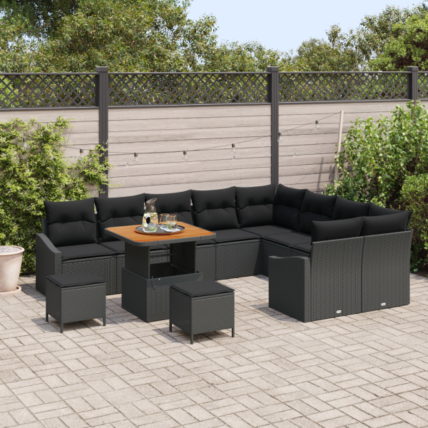 Conjunto de Sofá de Jardim  12 Peças com Almofadas Preto Rattan Sintético Acácia M 3
