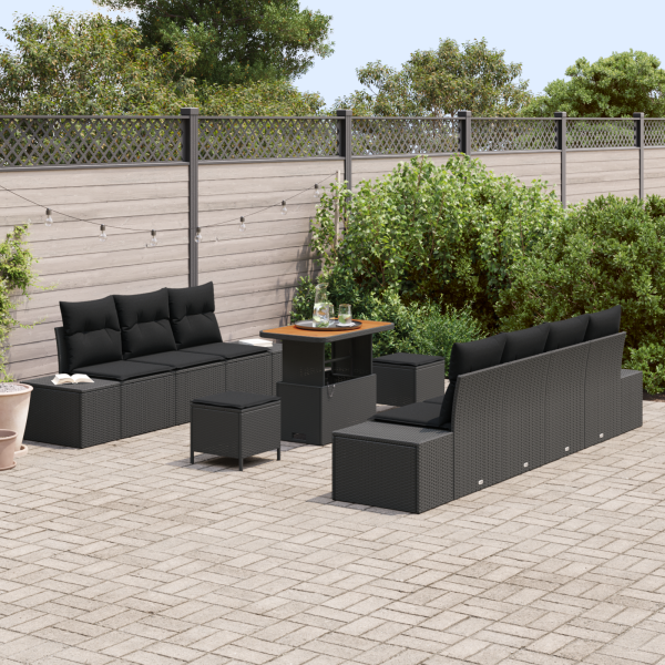Conjunto de Sofás de Jardim de 10 Peças com Almofadas Preto Rattan Poliéster Acácia M 3