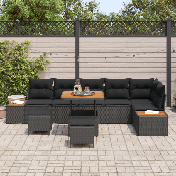 Conjunto de Sofá de Jardim  9 Peças com Almofadas Preto Polirattan Acácia M 3