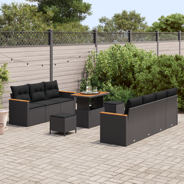 Conjunto de Sofás para Jardim de 10 Peças com Almofadas Preto Rattan Sintético Acácia M 3