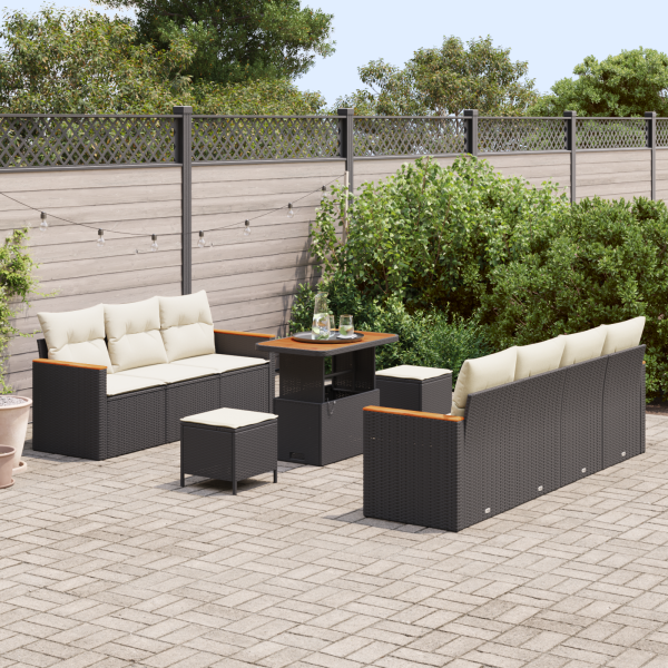 Conjunto de Sofás de Jardim  de 10 Peças com Almofadas Preto Rattan Poliéster Acácia M 3