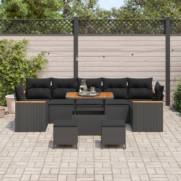 Conjunto de Sofás de Jardim de 10 Peças com Almofadas Preto Rattan Polipropileno Acácia M 3