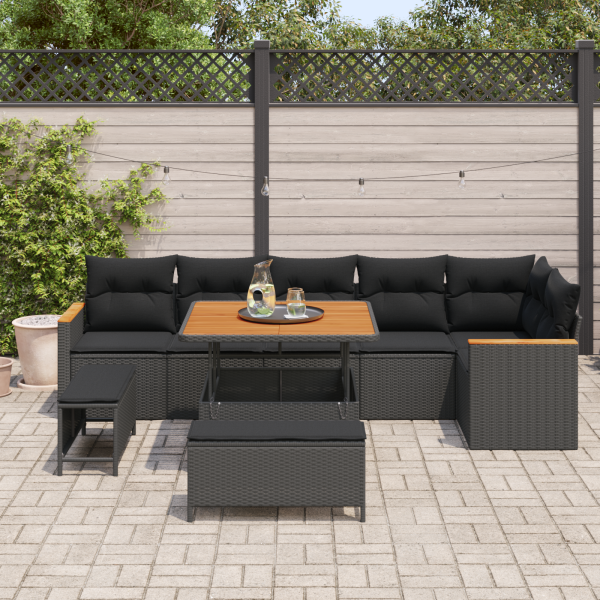 Conjunto de Sofás de Jardim 9 Peças com Almofadas Preto Rattan Polipropileno Acácia M 3