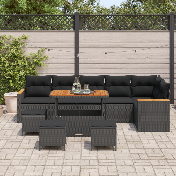 Conjunto de Sofás para Jardim  de 10 Peças com Almofadas Preto Rattan Polipropileno Acácia M 3