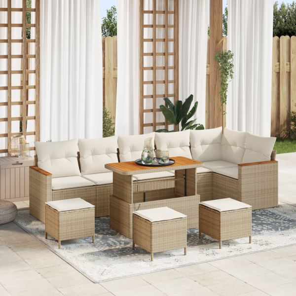 Set de Sofá de Jardín  de 10 piezas con cojines Beige Ratán Acacia D