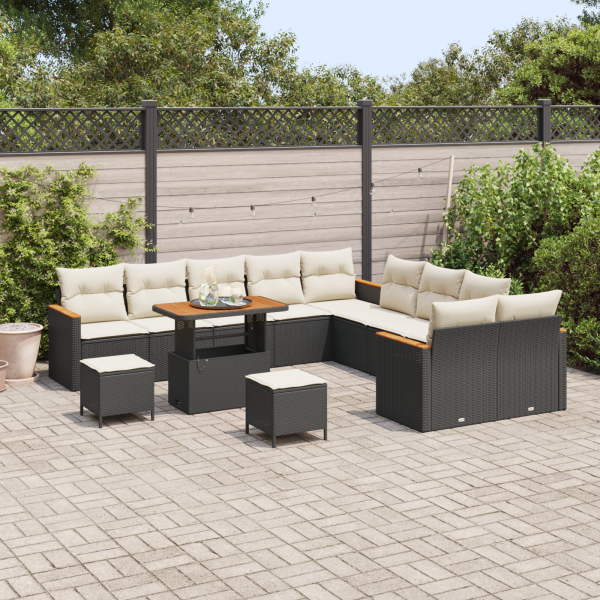 Conjunto de Sofás de Jardim  com Almofadas Preto Rattan de Polietileno Acácia M 3