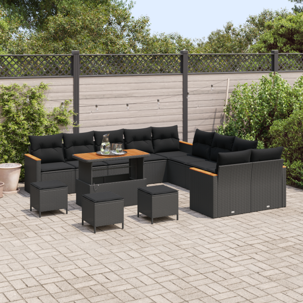 Conjunto de Sofá de Jardim com 14 Peças com Almofadas Preto Rattan Policarbonado Acácia M 3
