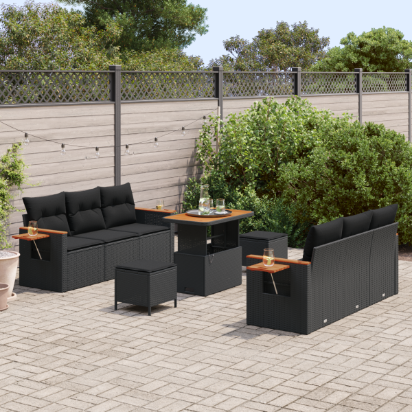 Conjunto de Sofá de Jardim 9 Peças com Almofadas Rattan Poliéster Preto Acácia M 3