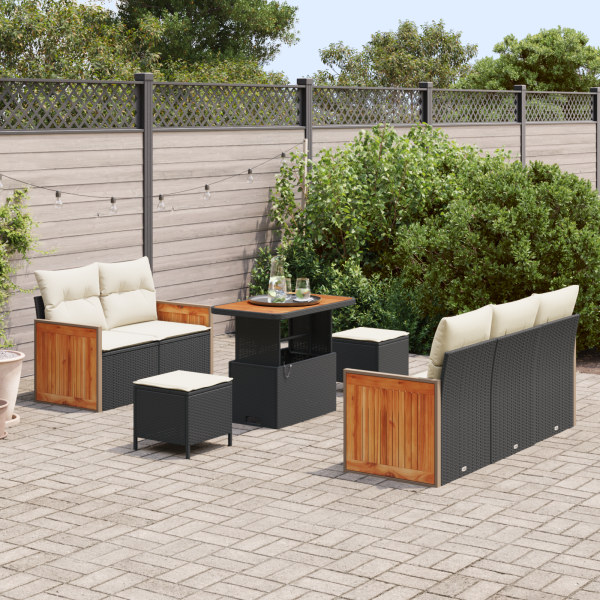 Conjunto de Sofá de Jardim de 8 Peças com Almofadas Preto Rattan Acácia M 3