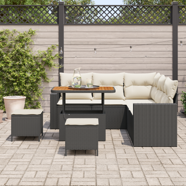 Conjunto de Sofá de Jardim de 8 Peças com Almofadas Preto Rattan Poliéster Acácia M 3