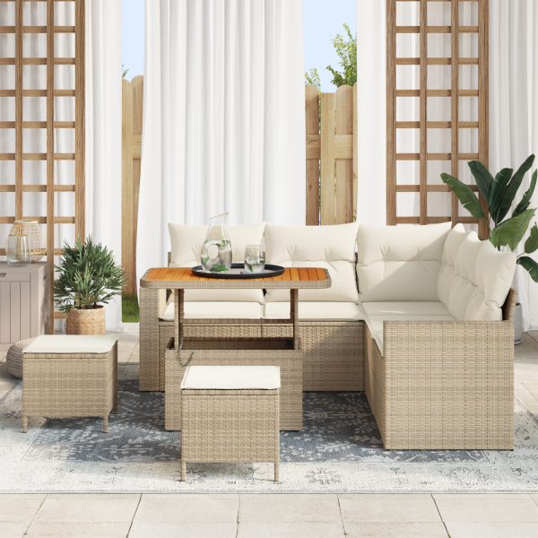 Conjunto de Sofá Jardim 8 Peças com Almofadas Bege Rattan Poliéster Acácia M 3