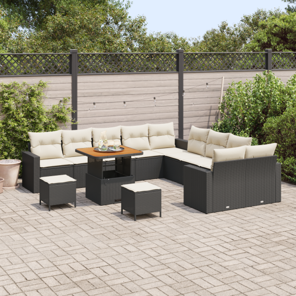 Conjunto de Sofá de Jardim  de 13 peças com Almofadas Preto Rattan Acácia M 3