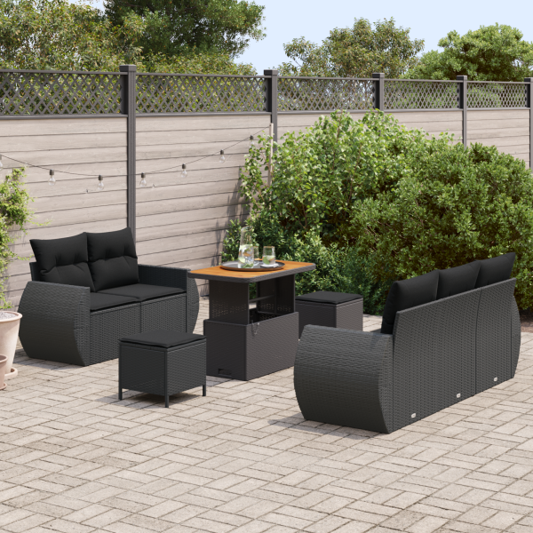 Conjunto de Sofá de Jardim  8 Peças com Almofadas Preto Polirattan Acácia M 5