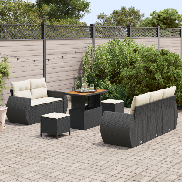 Conjunto de Sofá de Jardim com 8 Peças com Almofadas Preto Rattan de Polietileno Acácia M 3