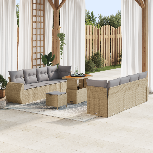 Conjunto de Sofá de Jardín de 11 Piezas con Cojines Beige Poliratán Acacia D