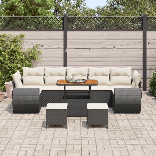 Conjunto de Sofá de Jardim de 10 Peças com Almofadas Pretas em Rattan Poliéster M 3
