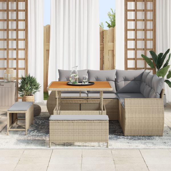 Conjunto de Sofá de Jardim  de 8 Peças com Almofadas Bege Polyrattan Acácia M 5