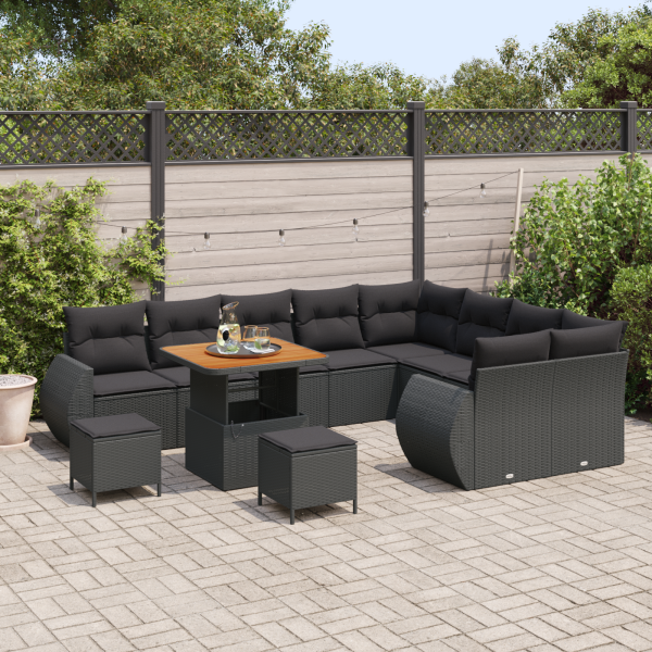 Conjunto de Sofás para Jardim  de 12 Peças com Almofadas Preto Rattan PE Acácia M 3