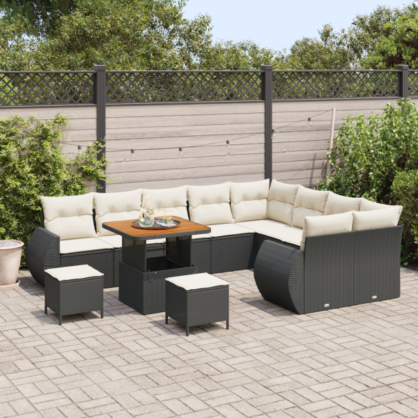 Conjunto de Sofá de Jardim com 12 Peças com Almofadas Preto Rattan Poliéster Acácia M 3