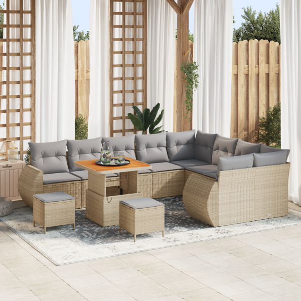 Set de Sofá de Jardín de 12 Piezas con Cojines Beige Ratán Poliéster Acacia D