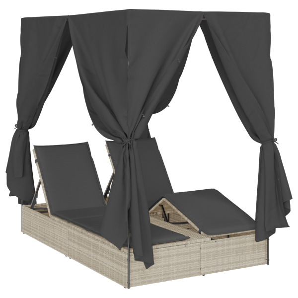 Espreguiçadeira Dupla com Telhado e Cortinas Cinzento-claro M 2