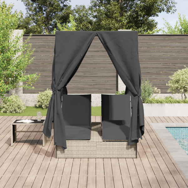 Espreguiçadeira Dupla com Telhado e Cortinas Cinzento-claro M 3
